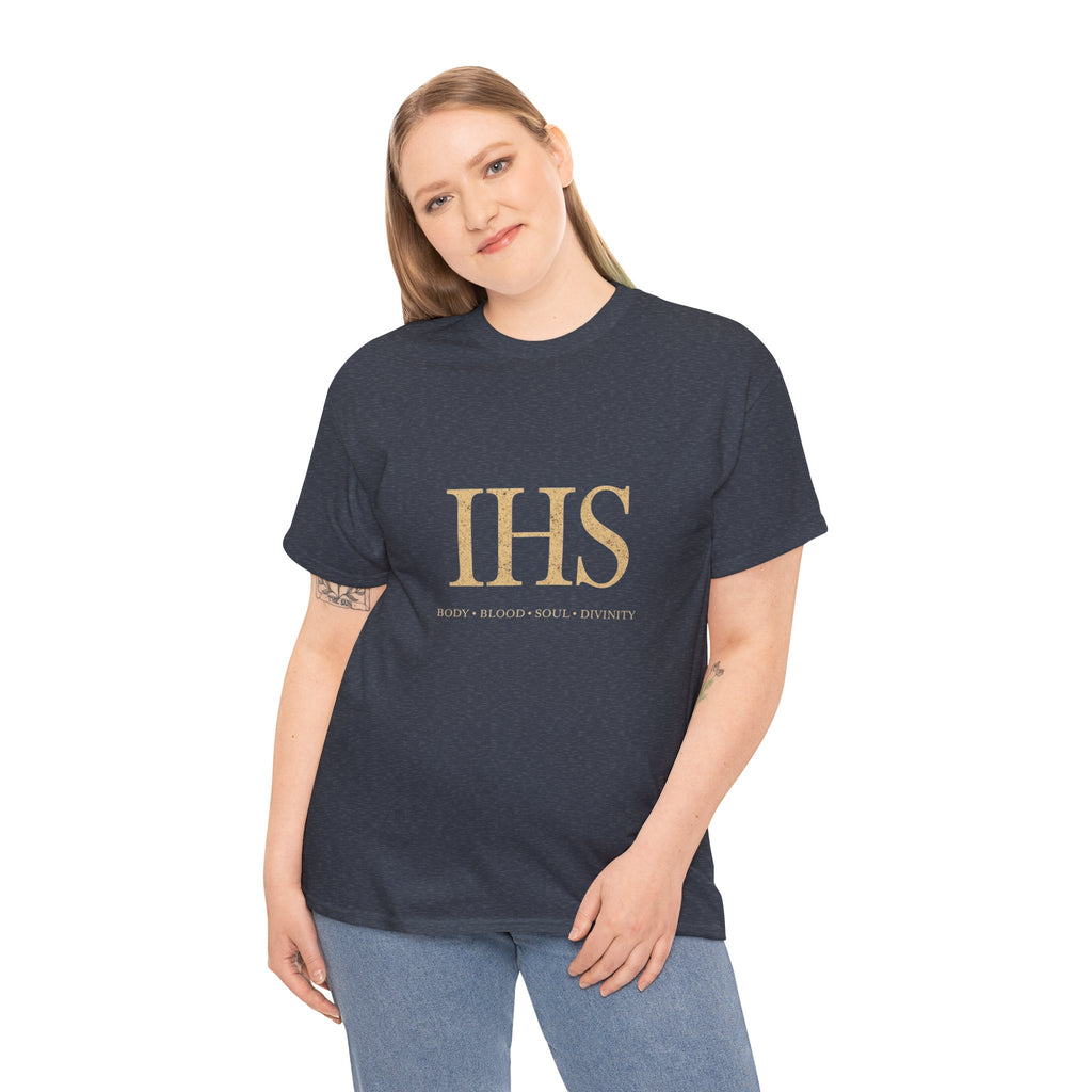 Unisex Tee with IHS Body Blood Soul Divinity Design