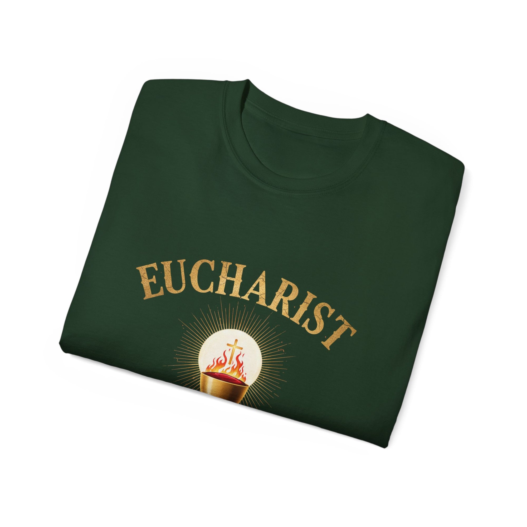 Eucharist 'Real Power' Tee — Radiant Host & Chalice Catholic T-Shirt