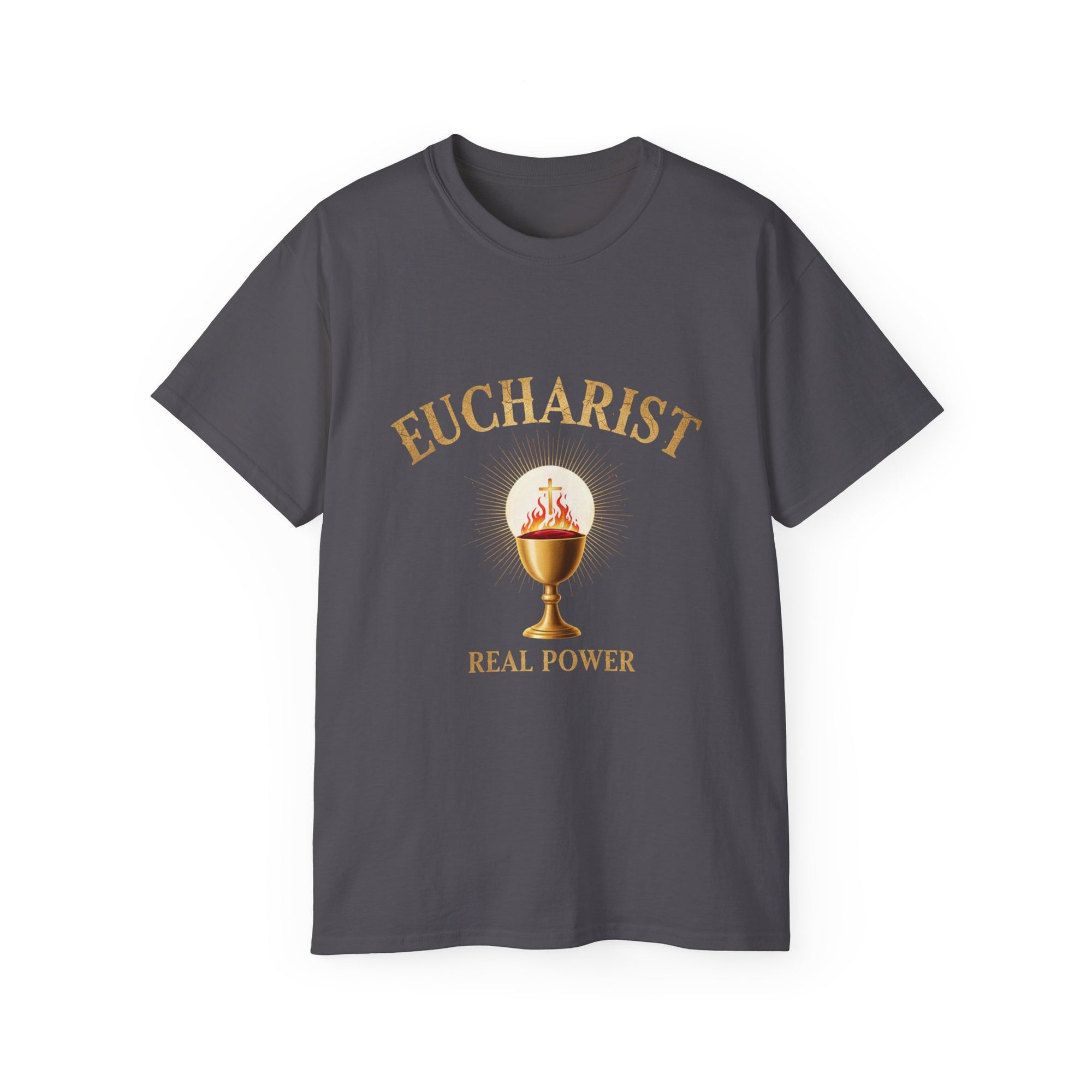 Eucharist 'Real Power' Tee — Radiant Host & Chalice Catholic T-Shirt