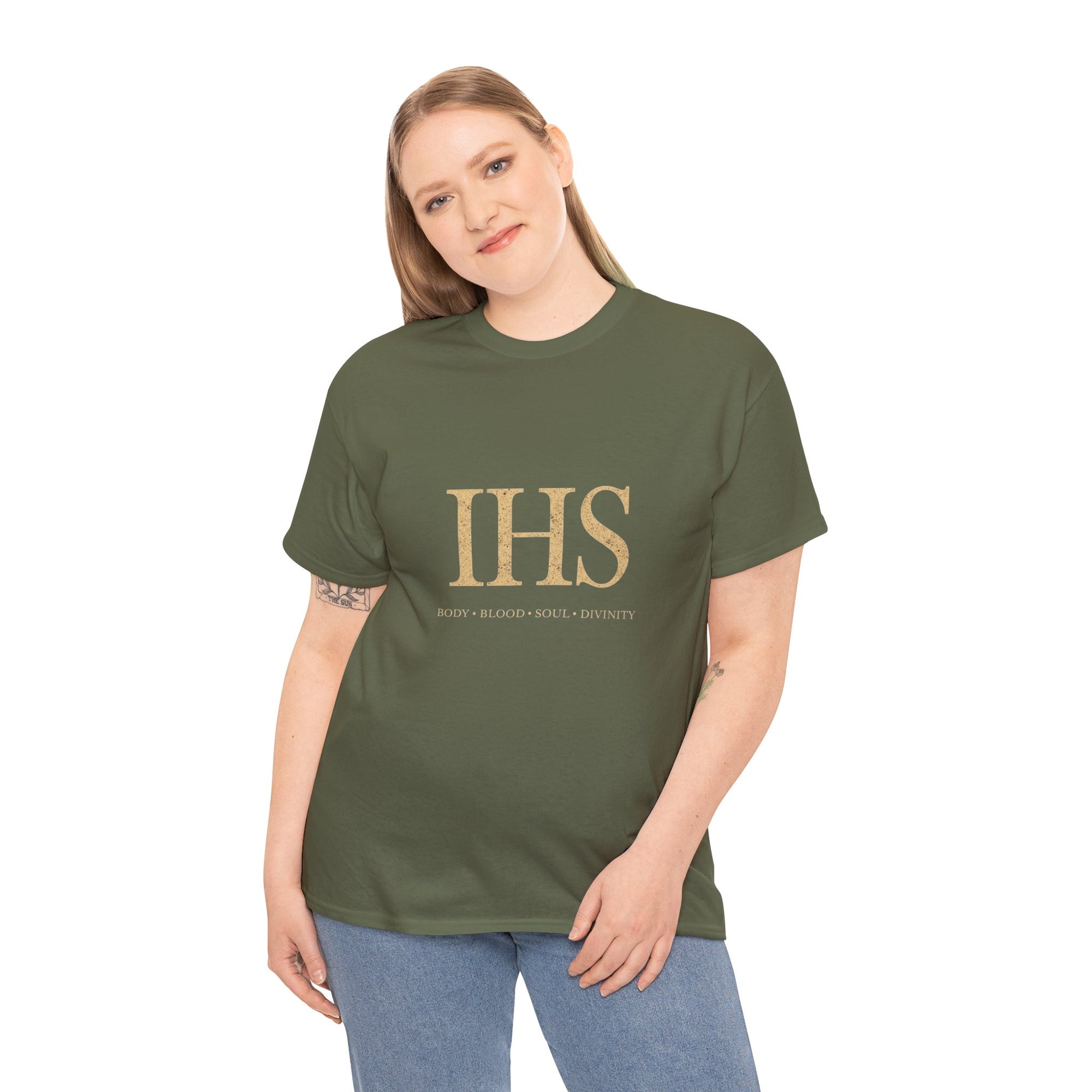 Unisex Tee with IHS Body Blood Soul Divinity Design