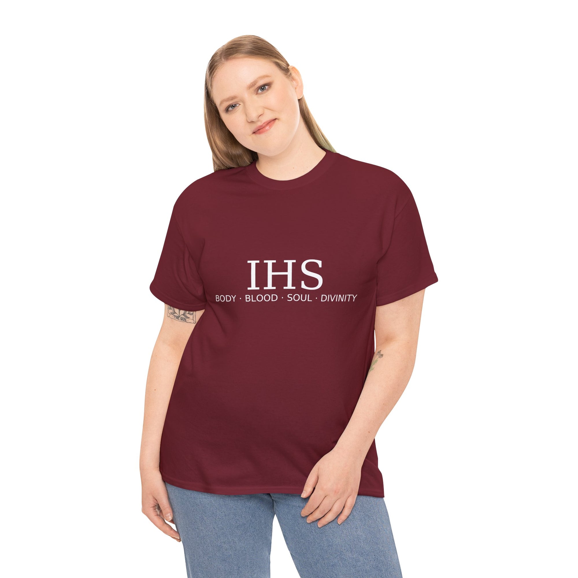 Unisex Tee with IHS Body Blood Soul Divinity Design