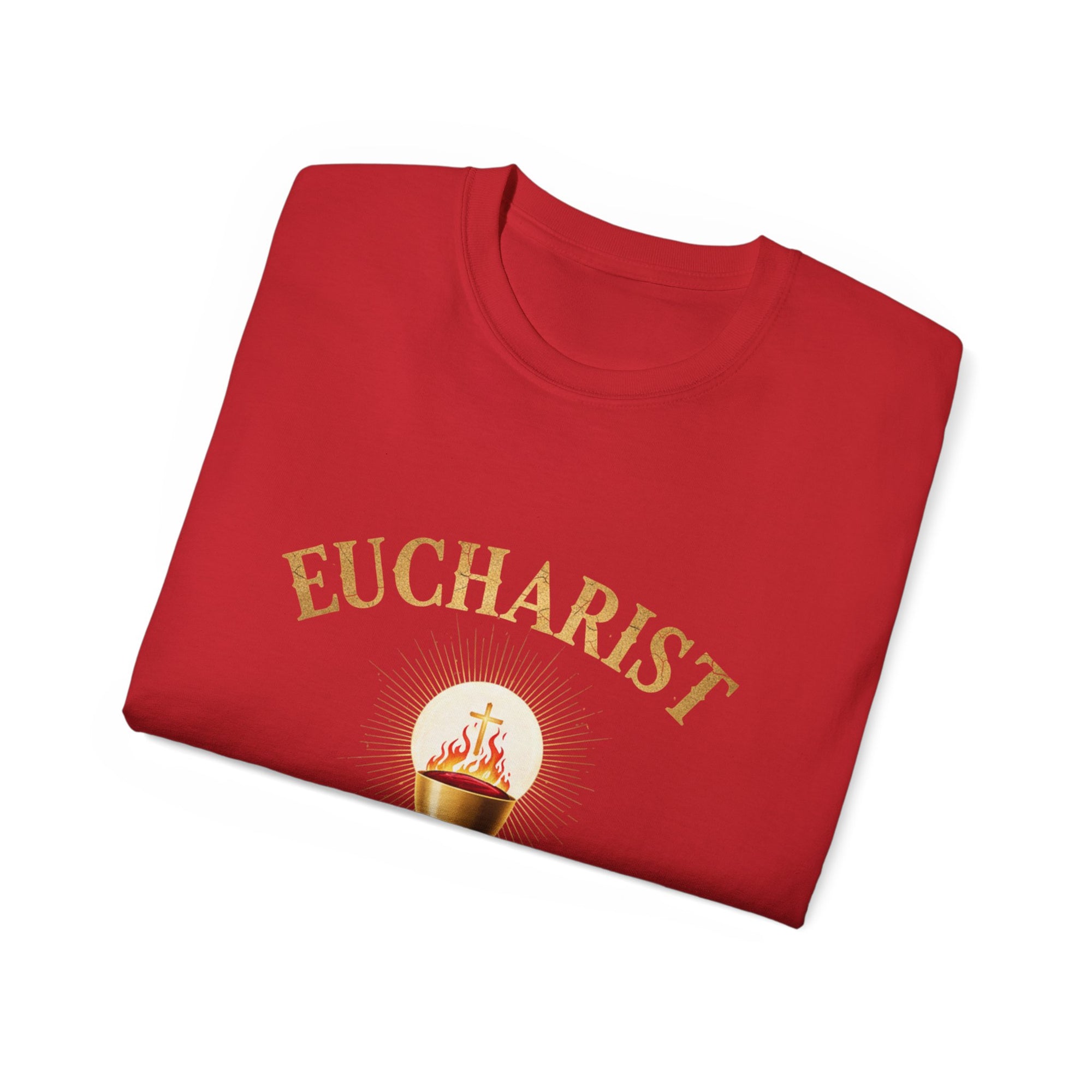 Eucharist 'Real Power' Tee — Radiant Host & Chalice Catholic T-Shirt