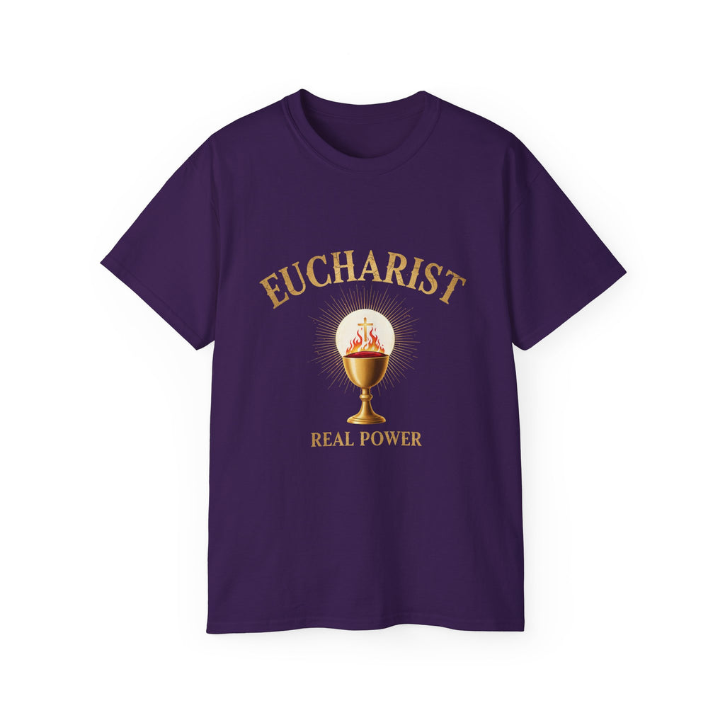Eucharist 'Real Power' Tee — Radiant Host & Chalice Catholic T-Shirt