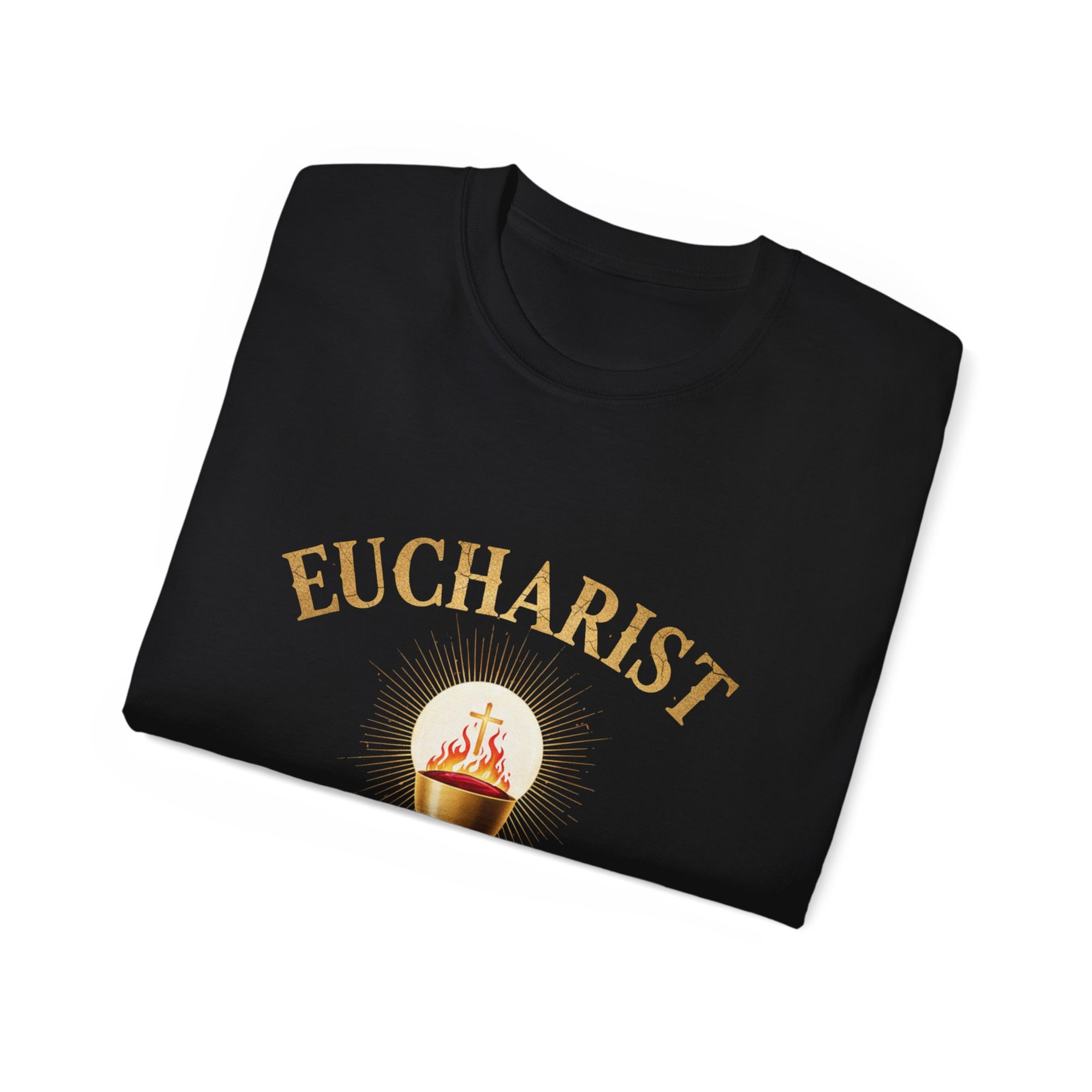 Eucharist 'Real Power' Tee — Radiant Host & Chalice Catholic T-Shirt