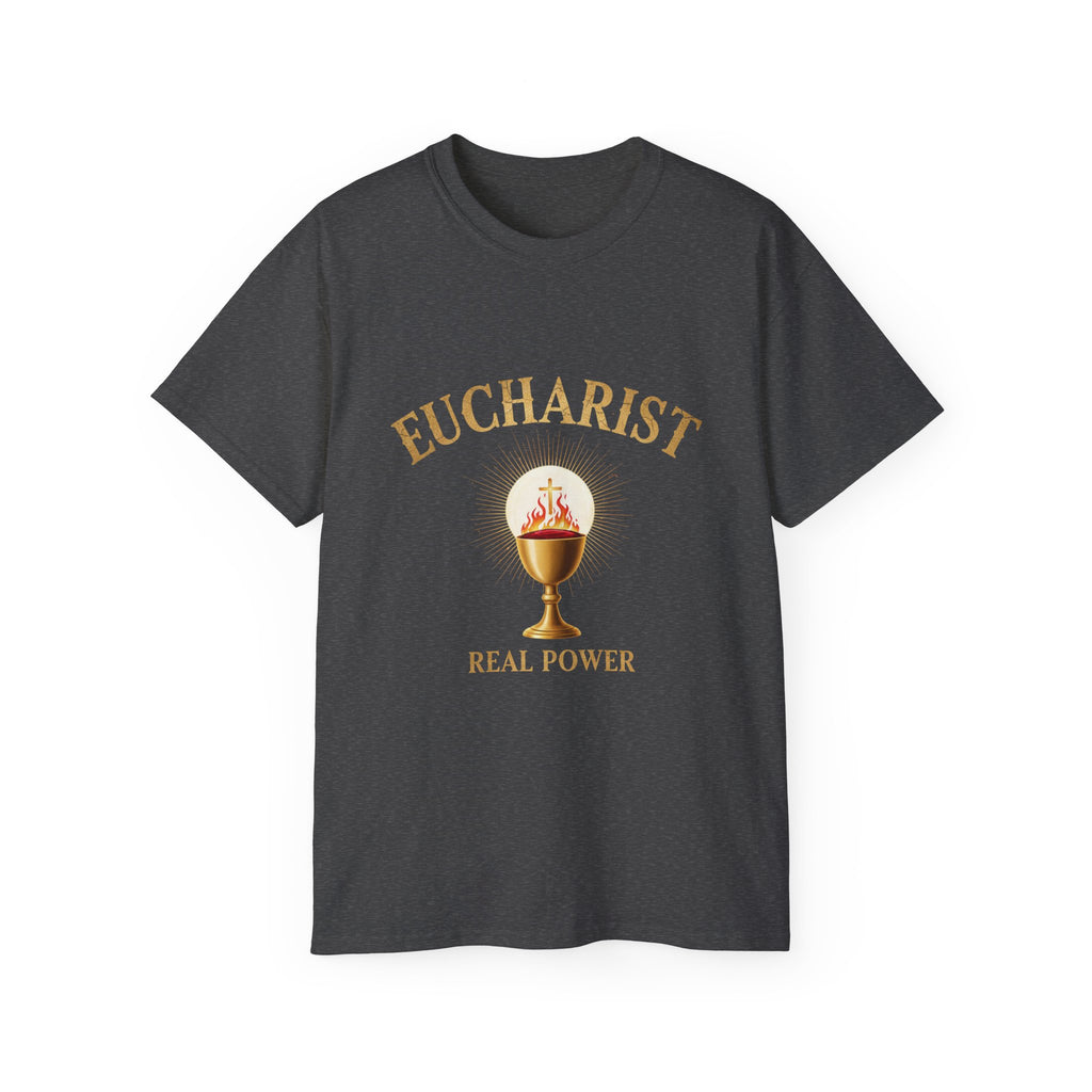 Eucharist 'Real Power' Tee — Radiant Host & Chalice Catholic T-Shirt