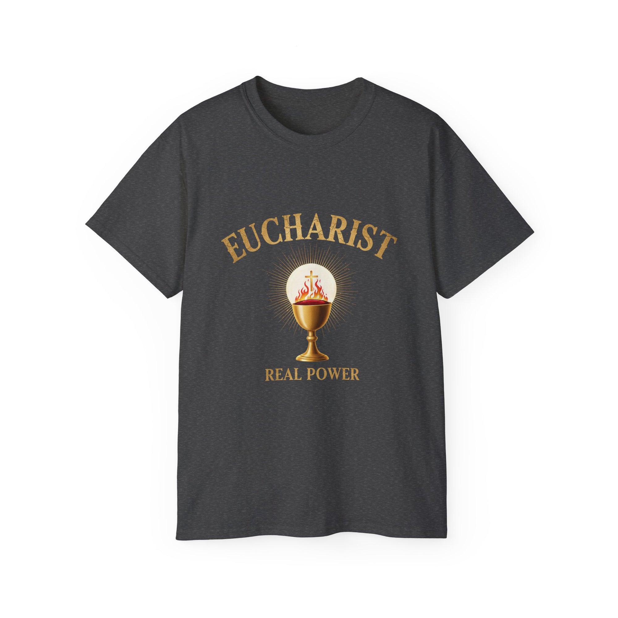 Eucharist 'Real Power' Tee — Radiant Host & Chalice Catholic T-Shirt