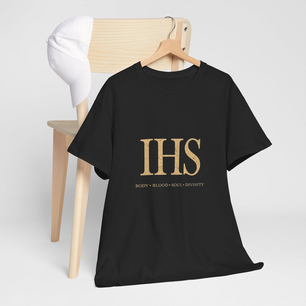 Unisex Tee with IHS Body Blood Soul Divinity Design