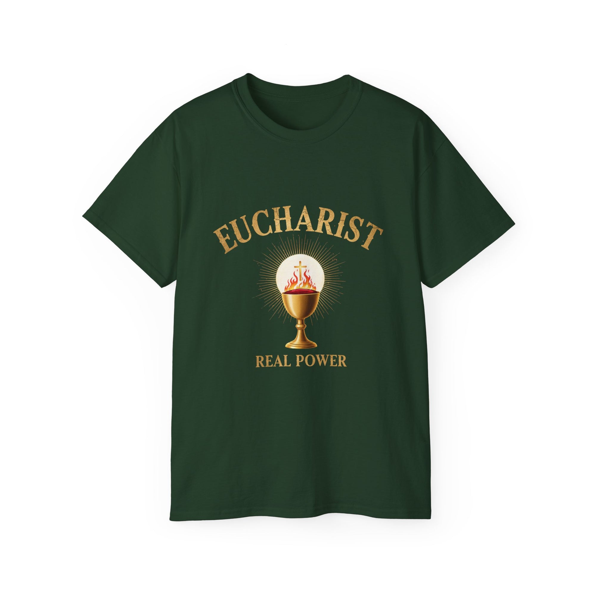 Eucharist 'Real Power' Tee — Radiant Host & Chalice Catholic T-Shirt