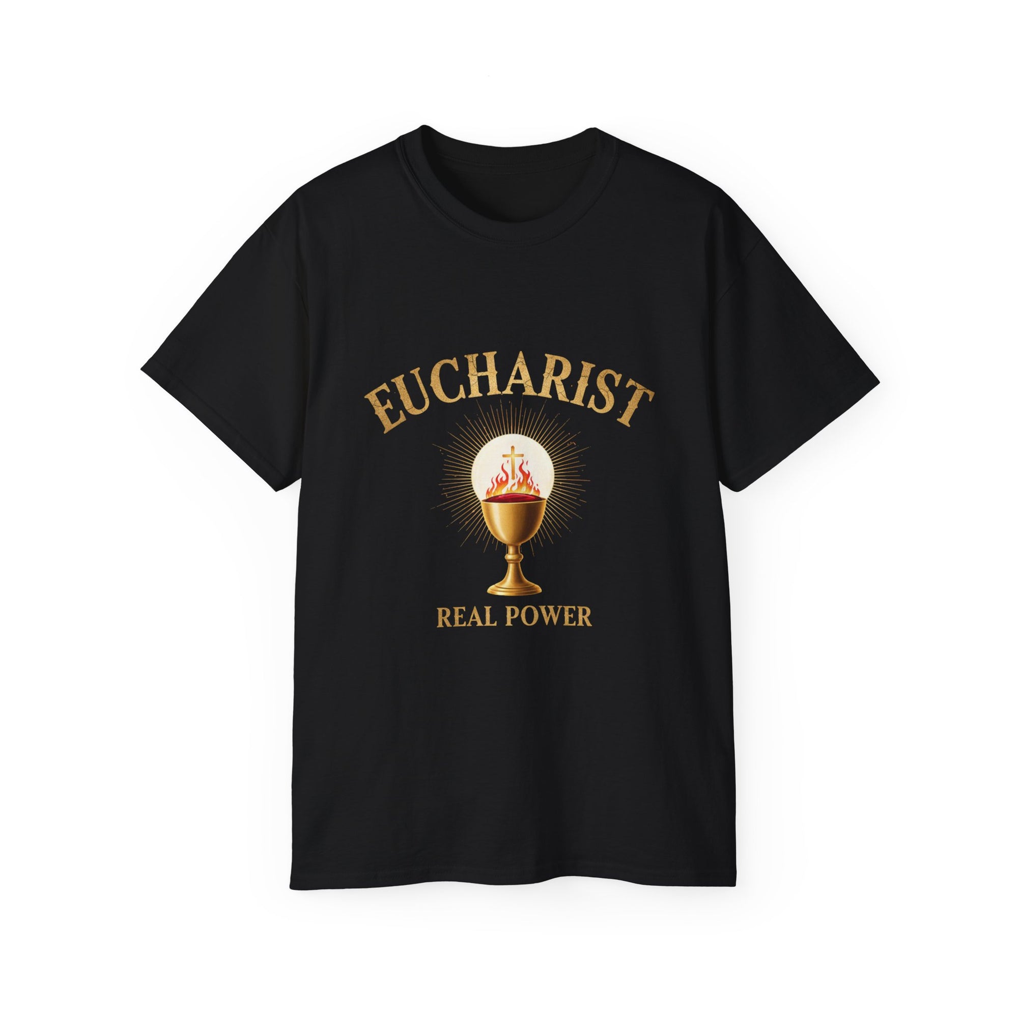 Eucharist 'Real Power' Tee — Radiant Host & Chalice Catholic T-Shirt