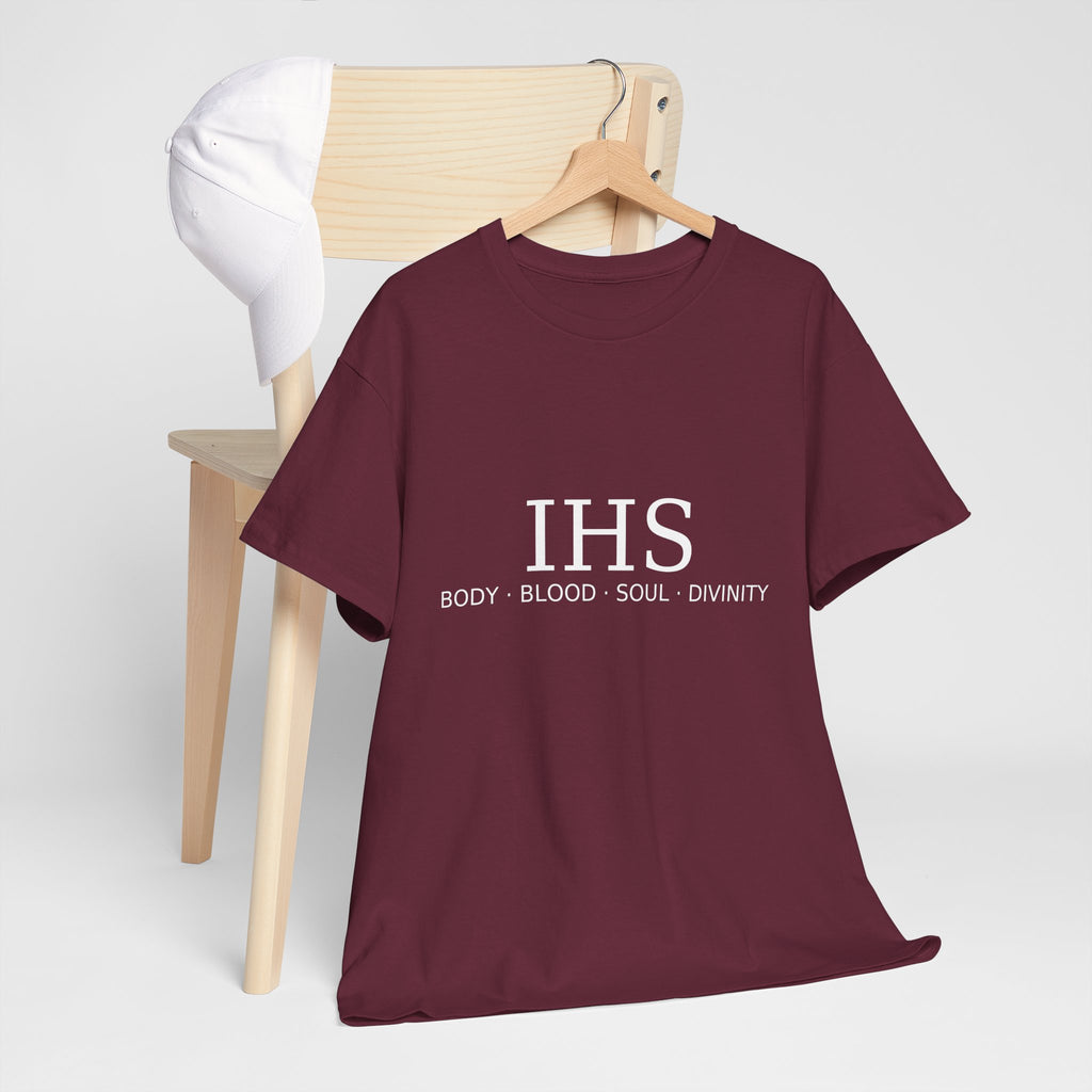 Unisex Tee with IHS Body Blood Soul Divinity Design