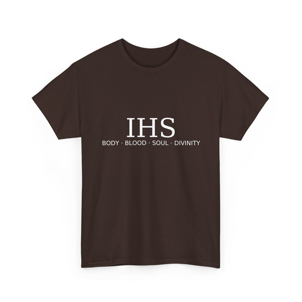 Unisex Tee with IHS Body Blood Soul Divinity Design
