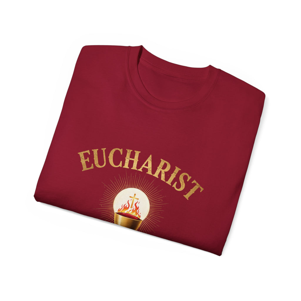 Eucharist 'Real Power' Tee — Radiant Host & Chalice Catholic T-Shirt