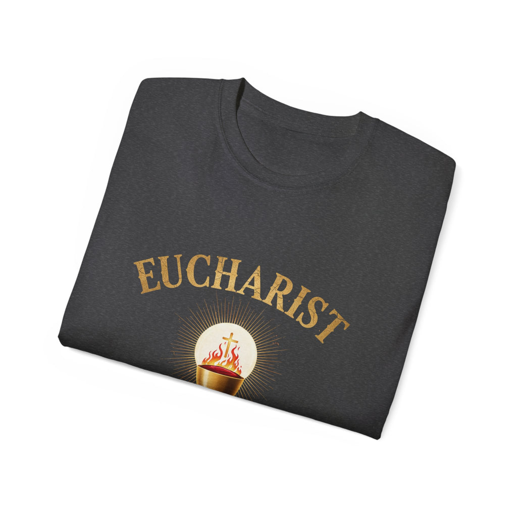 Eucharist 'Real Power' Tee — Radiant Host & Chalice Catholic T-Shirt