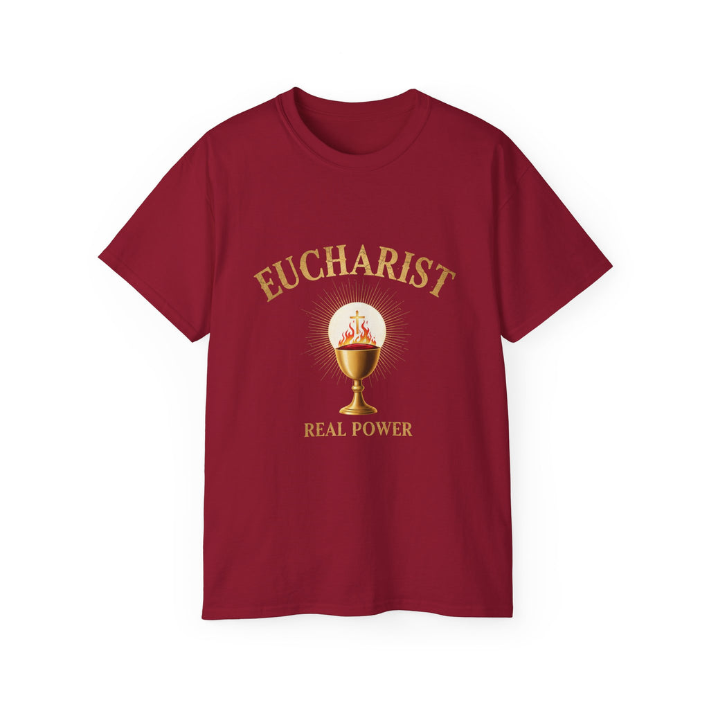 Eucharist 'Real Power' Tee — Radiant Host & Chalice Catholic T-Shirt