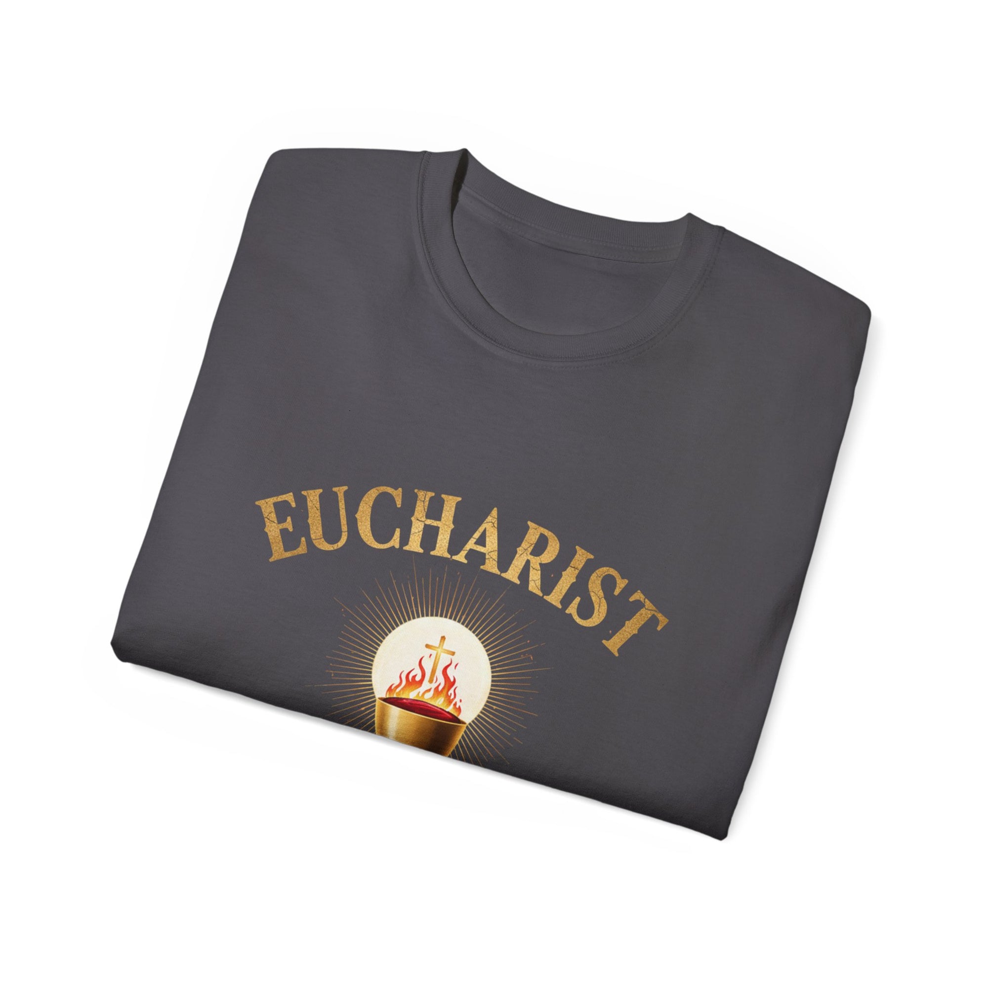Eucharist 'Real Power' Tee — Radiant Host & Chalice Catholic T-Shirt