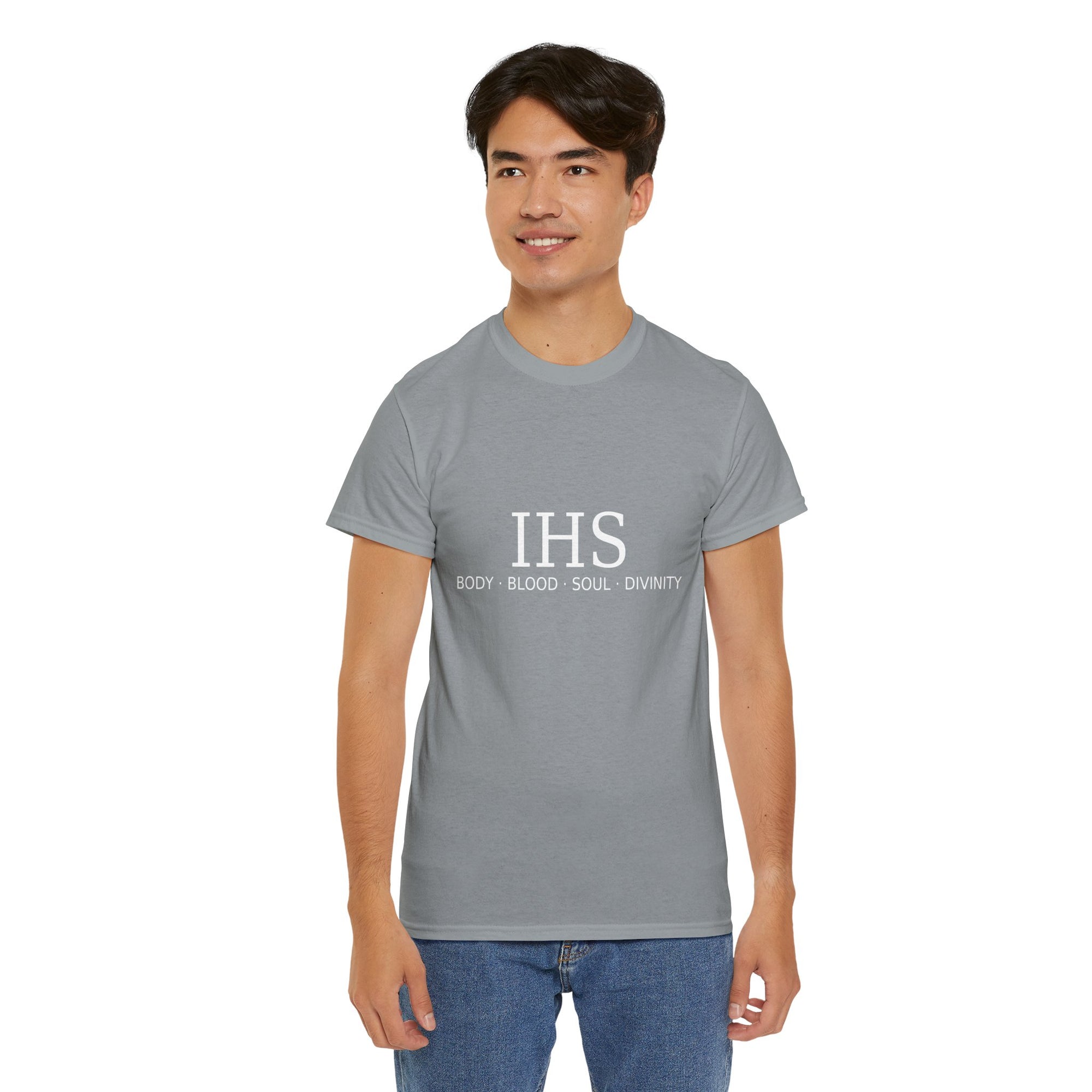 Unisex Tee with IHS Body Blood Soul Divinity Design