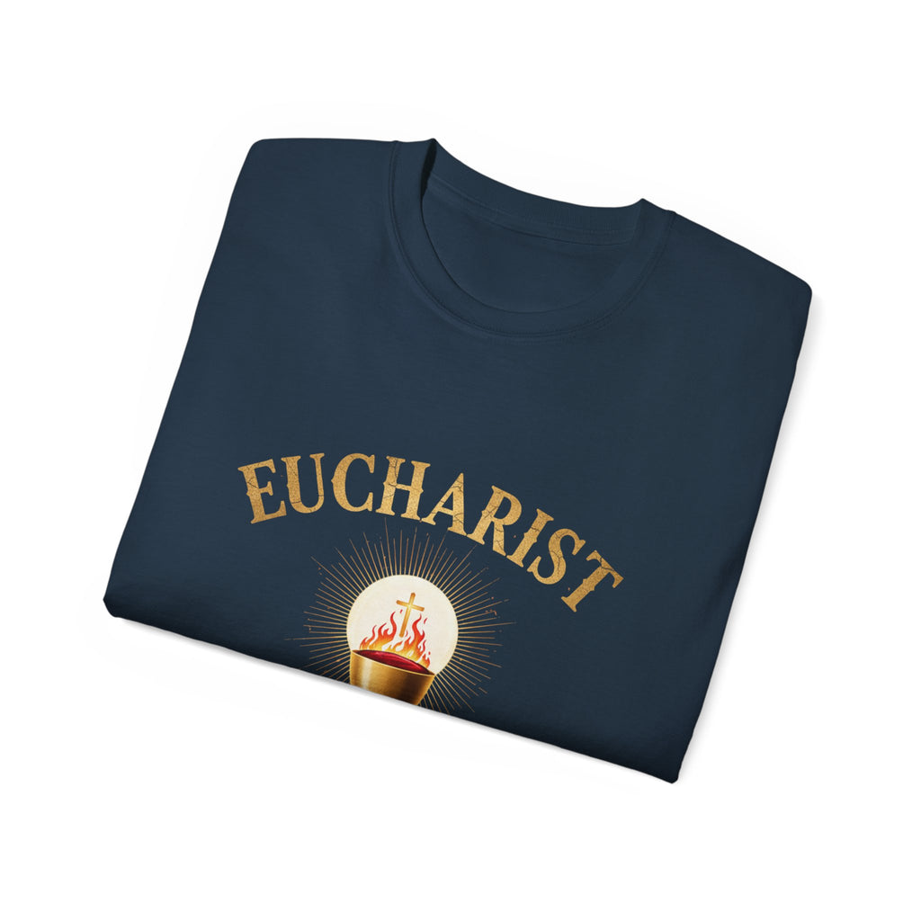 Eucharist 'Real Power' Tee — Radiant Host & Chalice Catholic T-Shirt