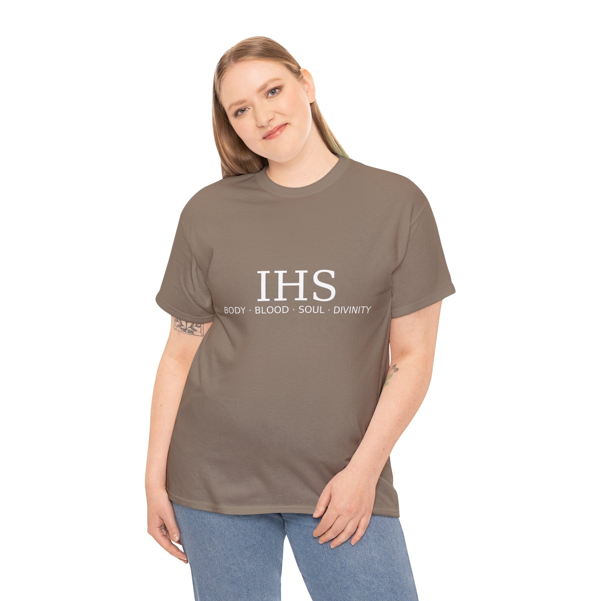 Unisex Tee with IHS Body Blood Soul Divinity Design