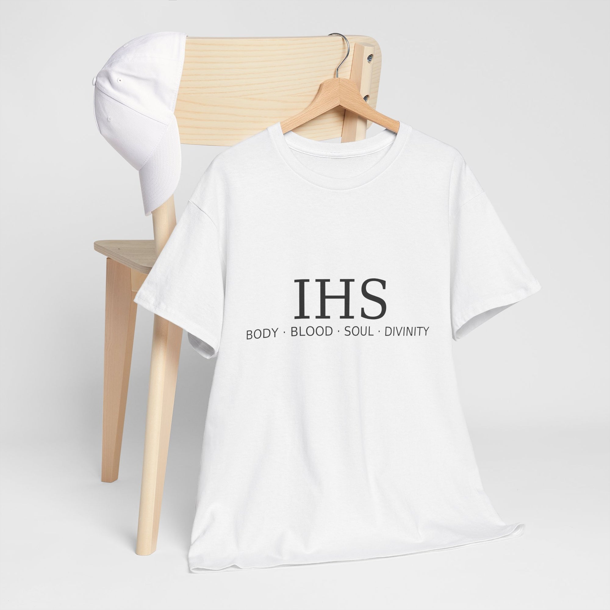Unisex Tee with IHS Body Blood Soul Divinity Design