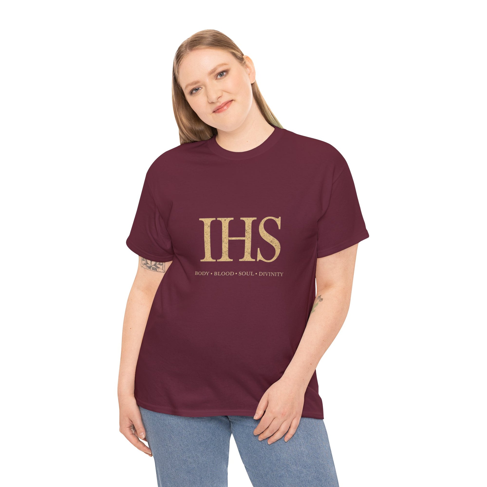 Unisex Tee with IHS Body Blood Soul Divinity Design