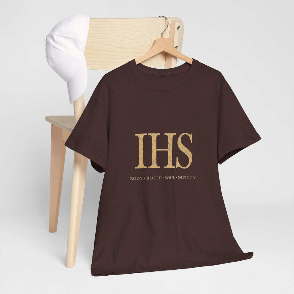 Unisex Tee with IHS Body Blood Soul Divinity Design