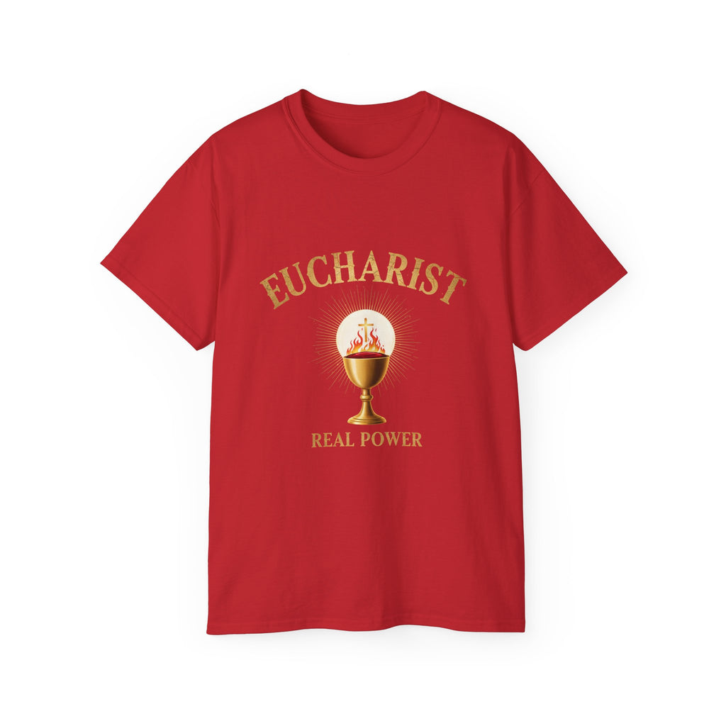 Eucharist 'Real Power' Tee — Radiant Host & Chalice Catholic T-Shirt