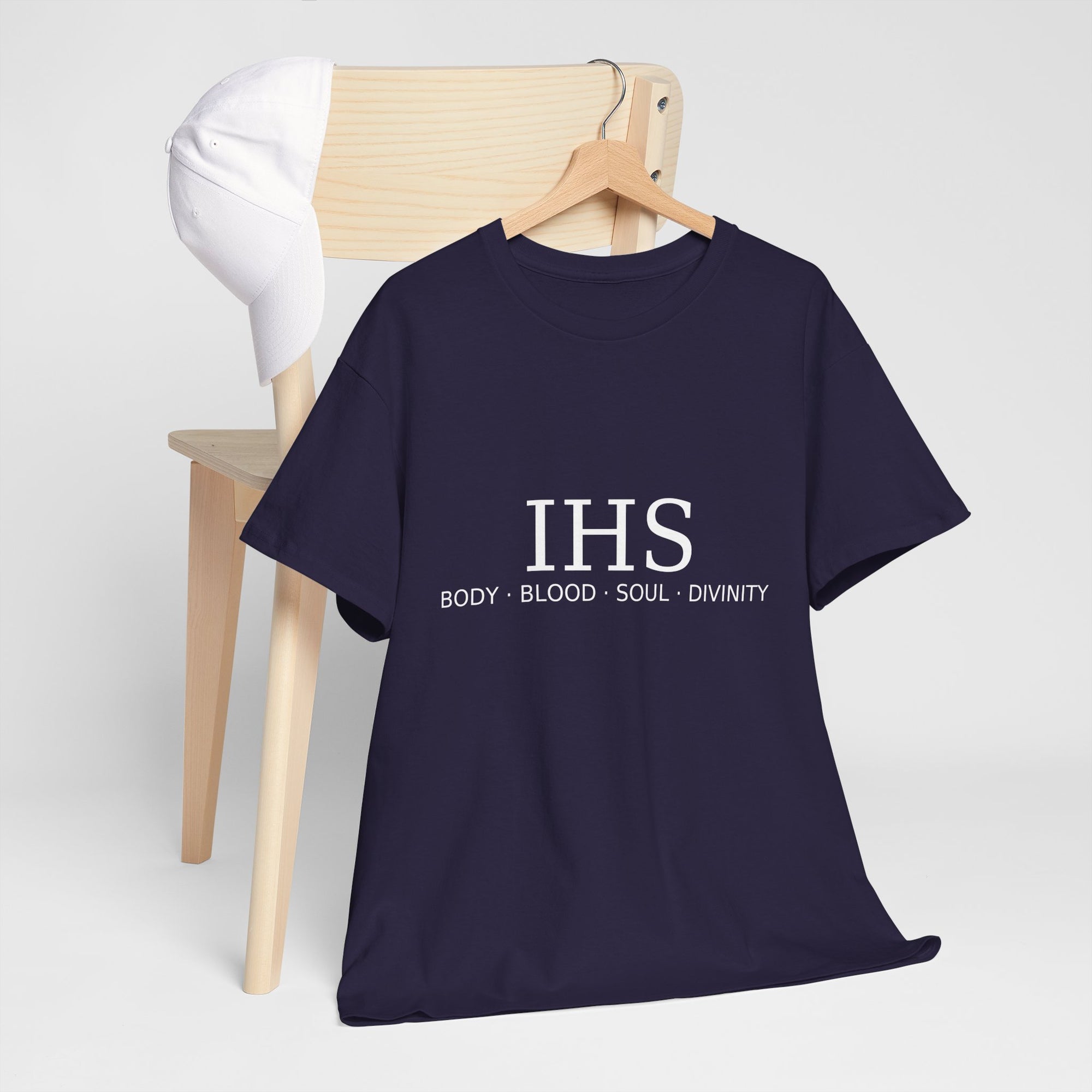 Unisex Tee with IHS Body Blood Soul Divinity Design