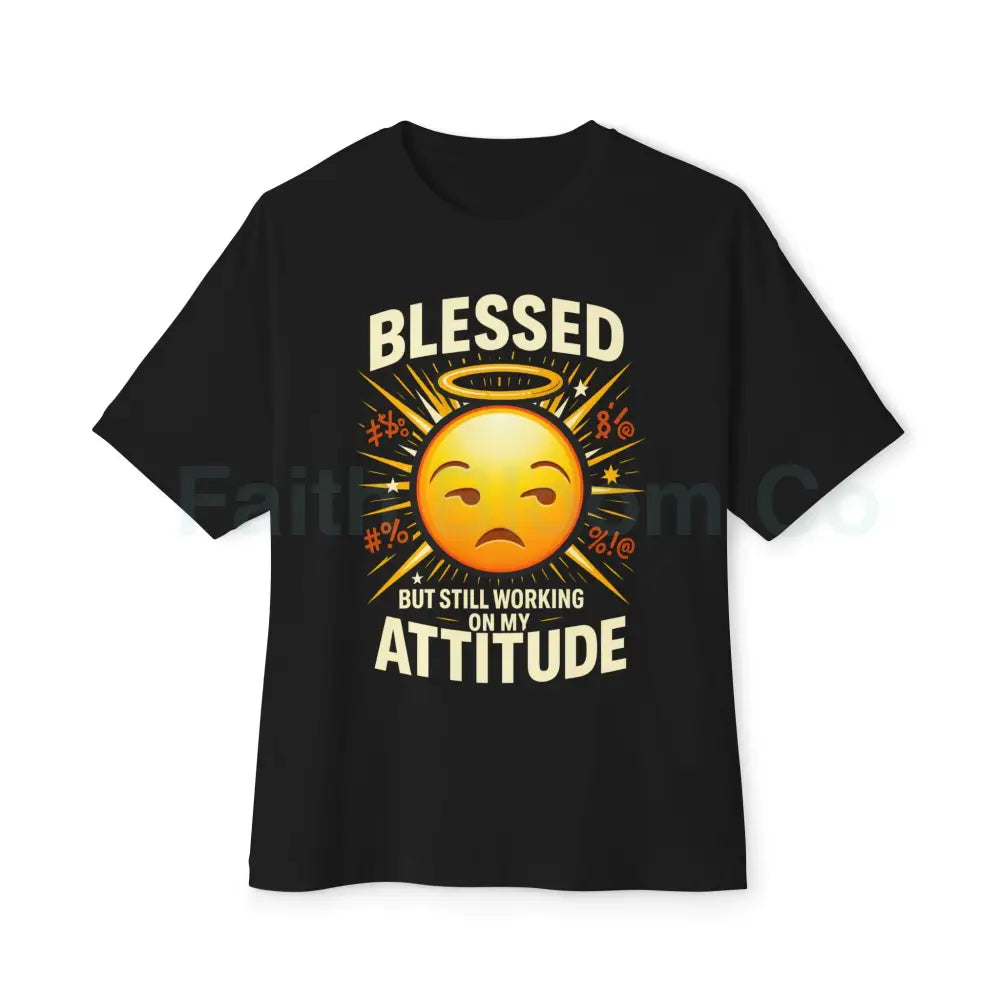 Blessed But Still Working On My Attitude Tee — Christian Comic Halo Graphic Black / XS T-Shirt