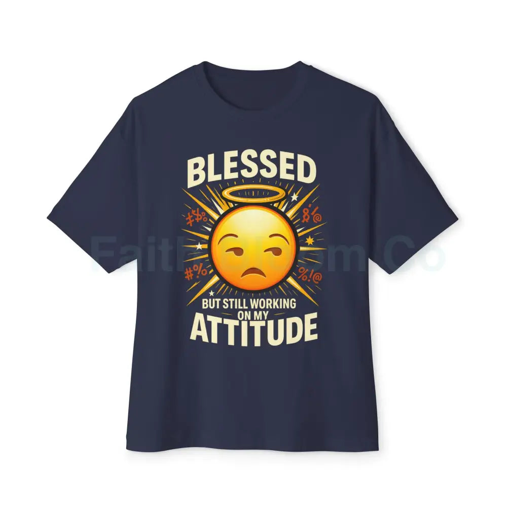 Blessed But Still Working On My Attitude Tee — Christian Comic Halo Graphic Navy / XS T-Shirt