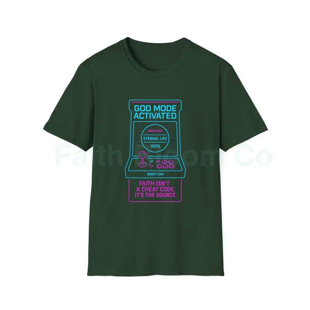 Christ-Centered Gamer T-Shirt - God Mode Activated Unisex Tee for Faith-Based Gamers S / Forest Green T-Shirt