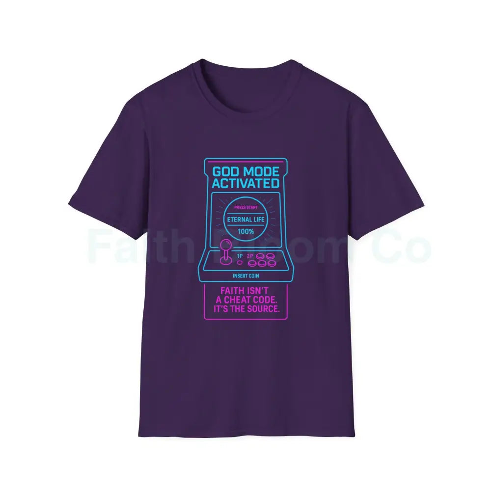 Christ-Centered Gamer T-Shirt - God Mode Activated Unisex Tee for Faith-Based Gamers S / Purple T-Shirt
