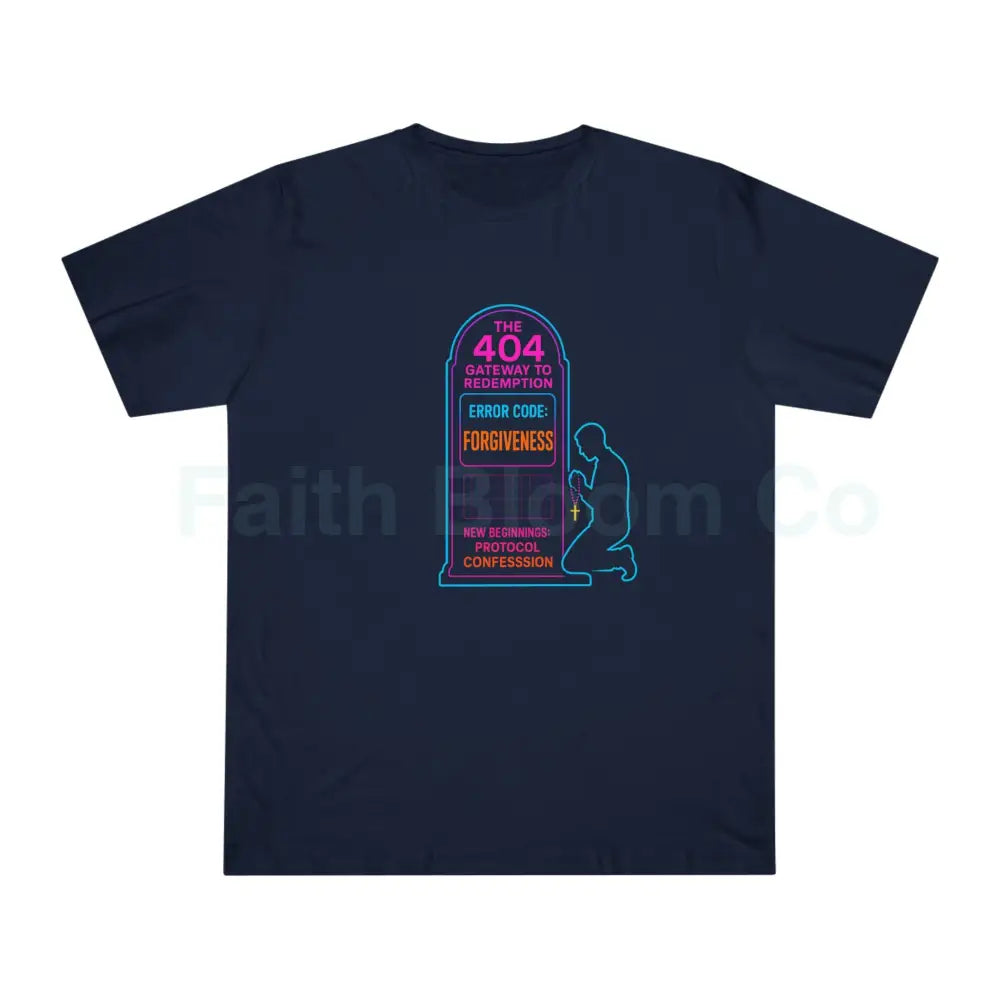 Confession Booth Deluxe T-shirt - The 404 Gateway to Redemption Design Navy / XS T-Shirt
