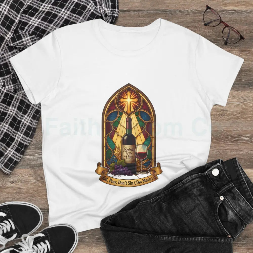 Eat Pray Don’t Sin (Too Much!) Catholic Tee — Spirit of the Vine Stained-Glass Wine T-Shirt T-Shirt