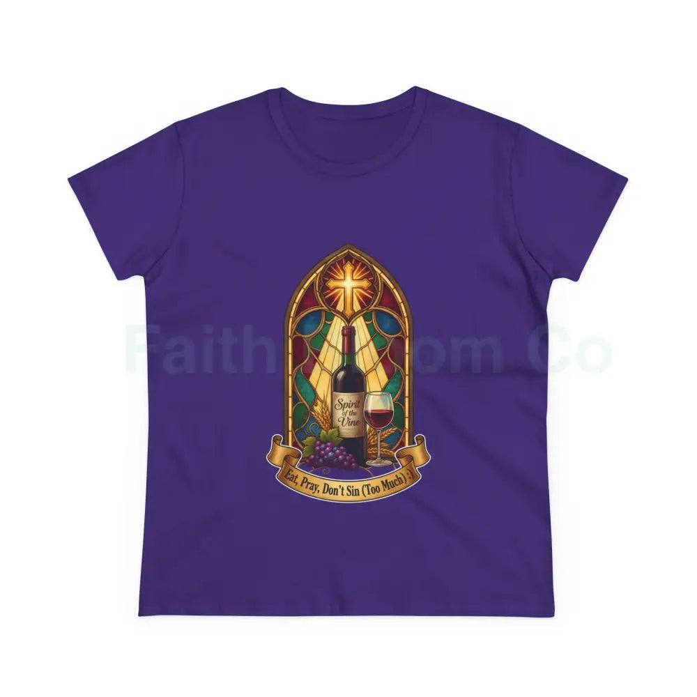 Eat Pray Don’t Sin (Too Much!) Catholic Tee — Spirit of the Vine Stained-Glass Wine T-Shirt S / Purple T-Shirt