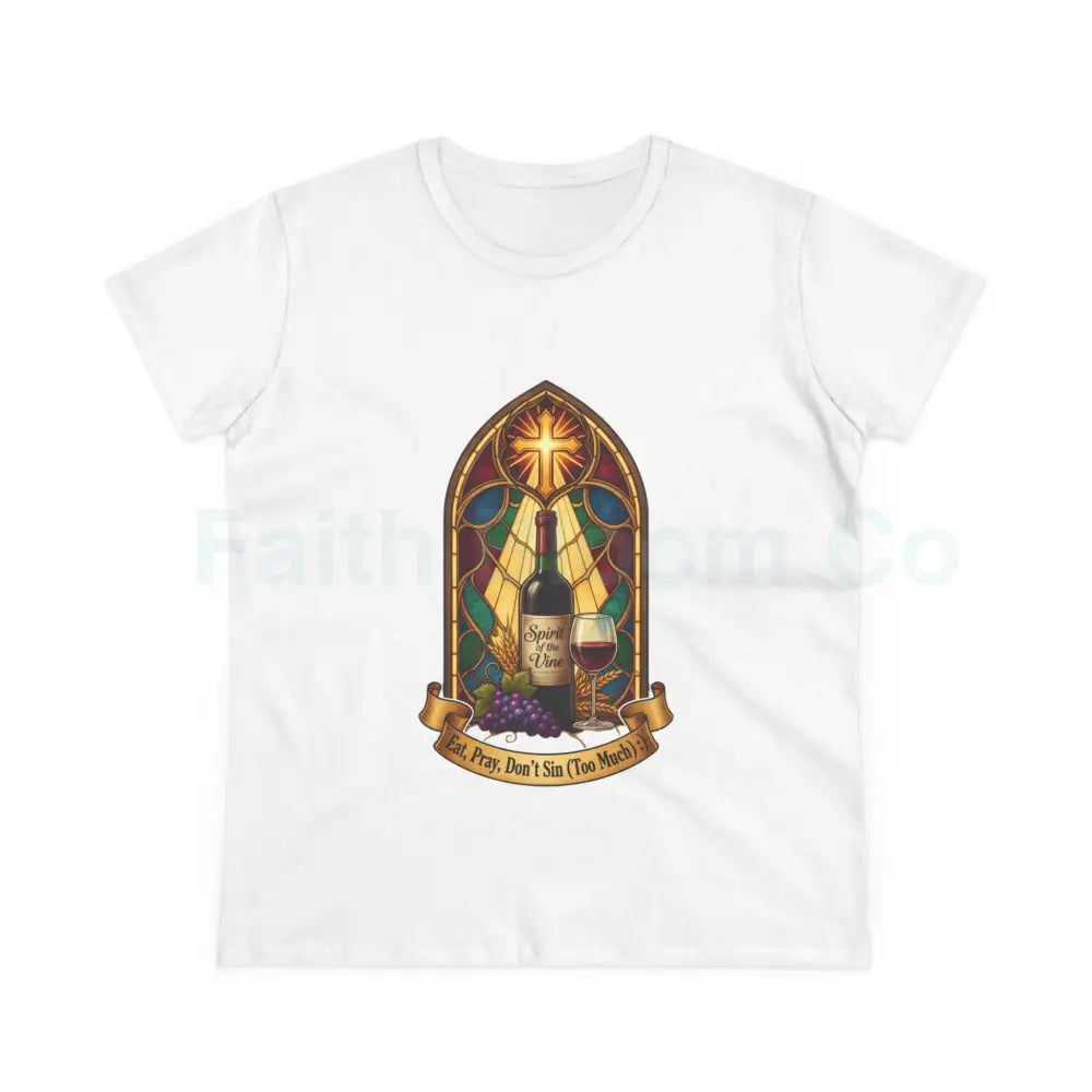 Eat Pray Don’t Sin (Too Much!) Catholic Tee — Spirit of the Vine Stained-Glass Wine T-Shirt S / White T-Shirt