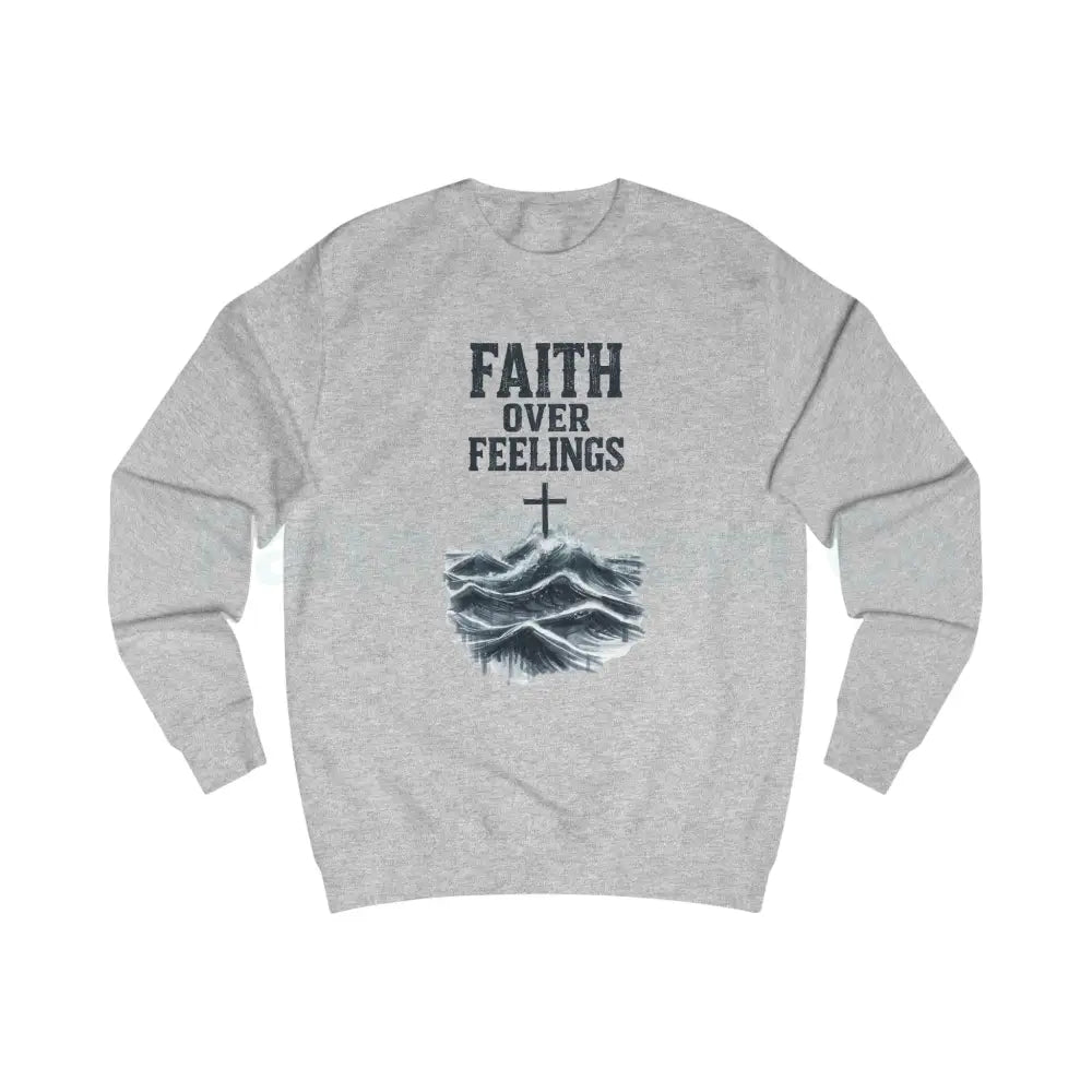 Faith Over Feelings Sweatshirt — Christian Crewneck with Cross & Ocean Graphic Ash / S Sweatshirt