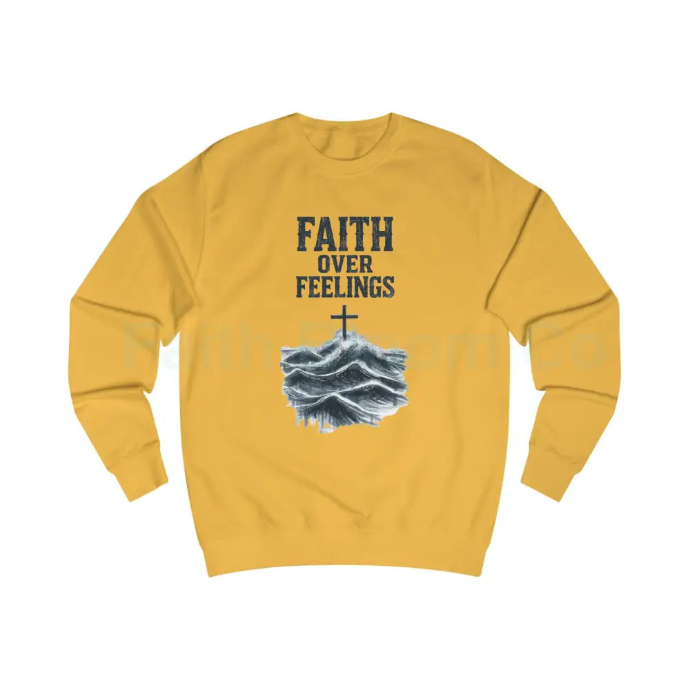 Faith Over Feelings Sweatshirt — Christian Crewneck with Cross & Ocean Graphic Gold / S Sweatshirt