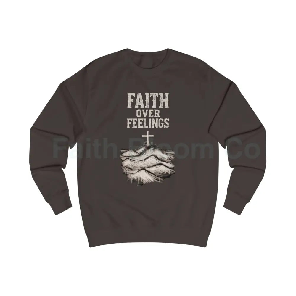 Faith Over Feelings Sweatshirt — Christian Crewneck with Cross & Ocean Graphic Hot Chocolate / S Sweatshirt