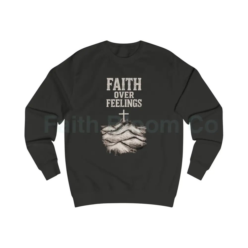 Faith Over Feelings Sweatshirt — Christian Crewneck with Cross & Ocean Graphic Jet Black / S Sweatshirt
