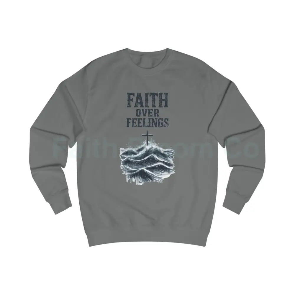 Faith Over Feelings Sweatshirt — Christian Crewneck with Cross & Ocean Graphic Steel Grey / S Sweatshirt