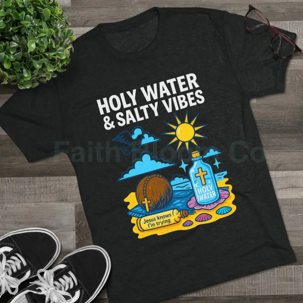 Funny Catholic Tee - Holy Water & Salty Vibes Perfect for Church Gifts Humor Religious Apparel Unisex Crew Tee T-Shirt