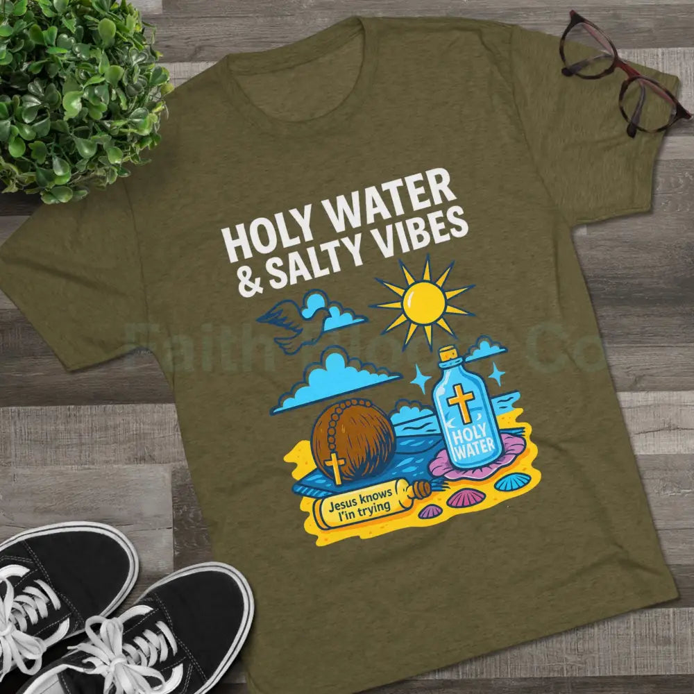 Funny Catholic Tee - Holy Water & Salty Vibes Perfect for Church Gifts Humor Religious Apparel Unisex Crew Tee T-Shirt
