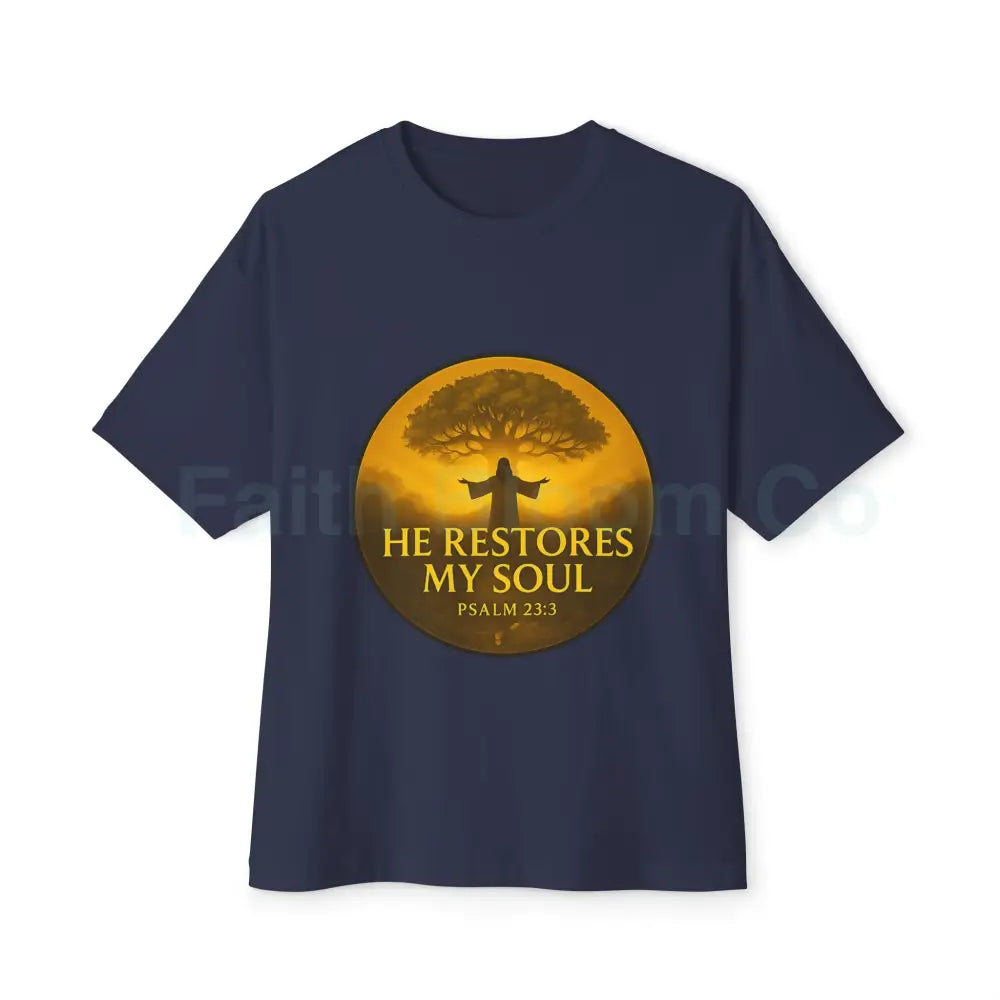 ’He Restores My Soul’ Tree of Life Tee - Psalm 23:3 Navy / XS T-Shirt