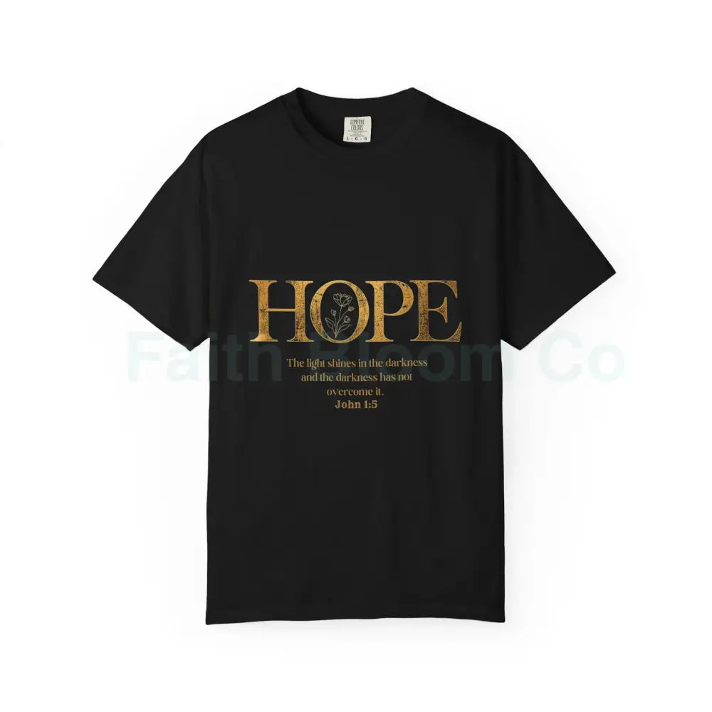 Hope Christian T-Shirt — John 1:5 Gold Floral Bible Verse Tee Black / S T-Shirt