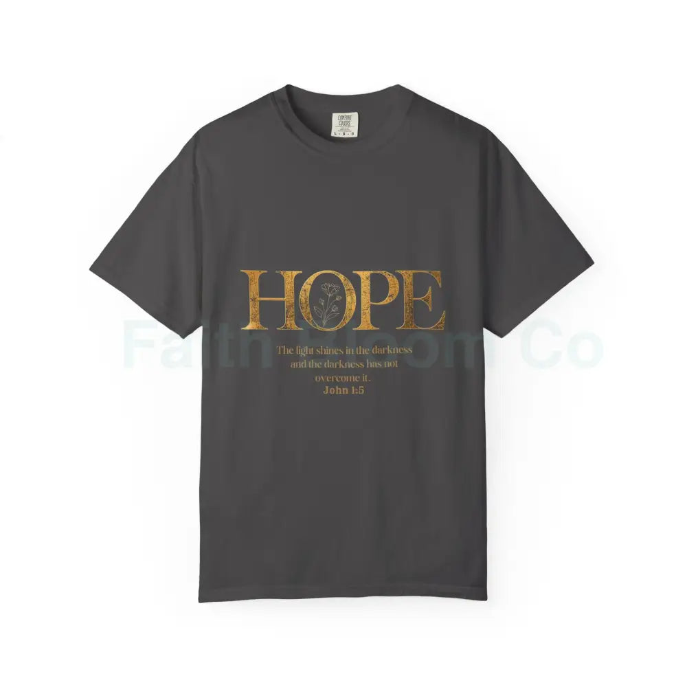 Hope Christian T-Shirt — John 1:5 Gold Floral Bible Verse Tee Graphite / S T-Shirt
