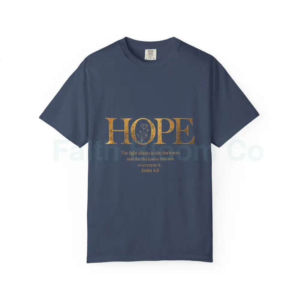 Hope Christian T-Shirt — John 1:5 Gold Floral Bible Verse Tee Midnight / S T-Shirt