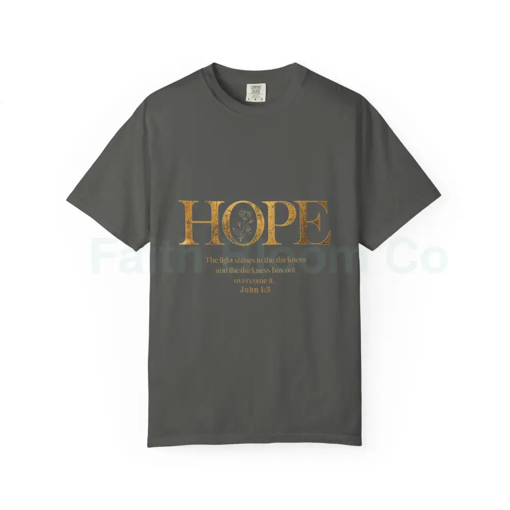 Hope Christian T-Shirt — John 1:5 Gold Floral Bible Verse Tee Pepper / S T-Shirt