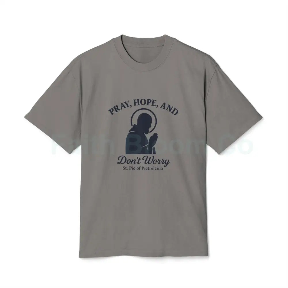 Padre Pio “Pray Hope and Don’t Worry” T-Shirt Faded Grey / S T-Shirt