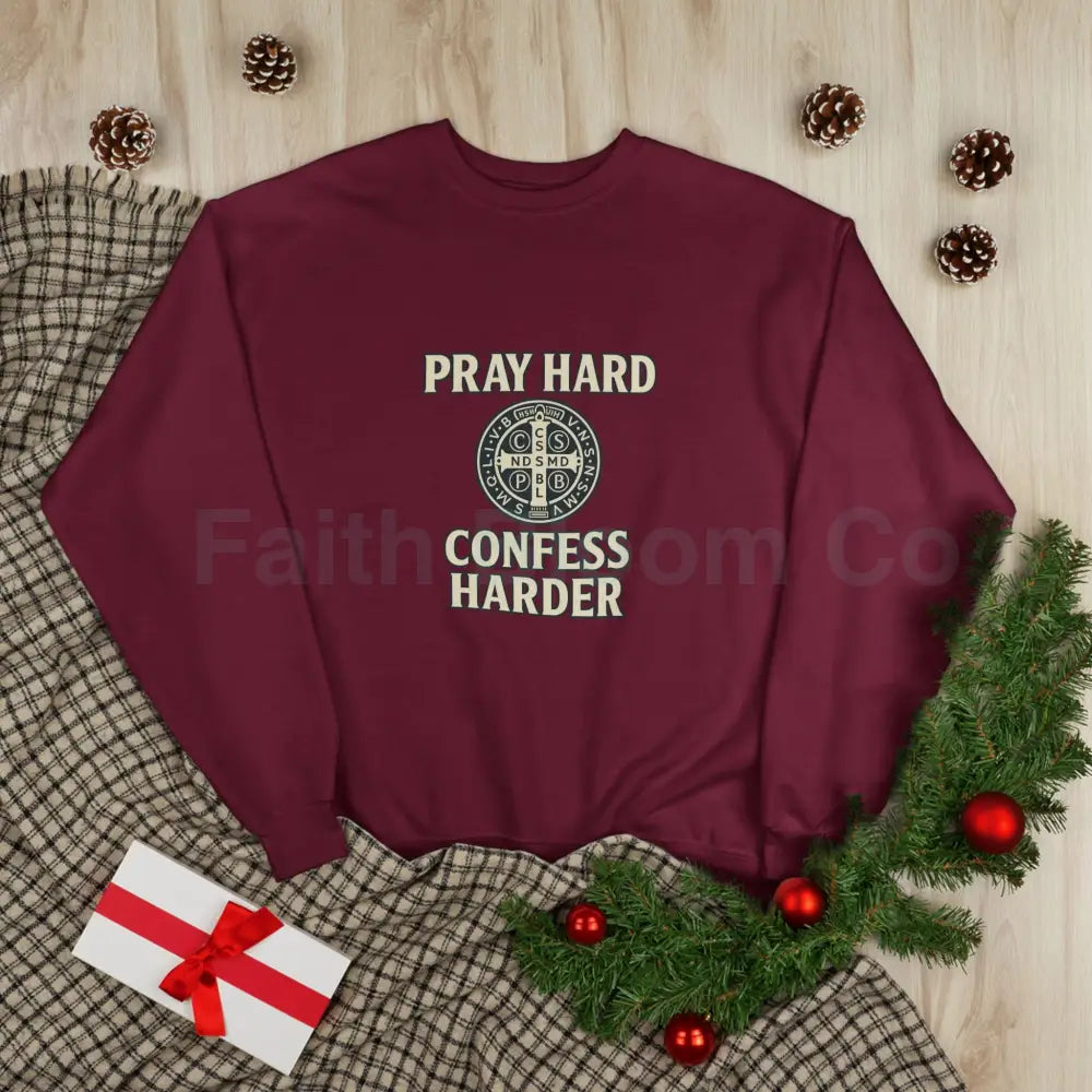 Pray Hard Confess Harder Eco-Friendly Crewneck Sweatshirt Sweatshirt
