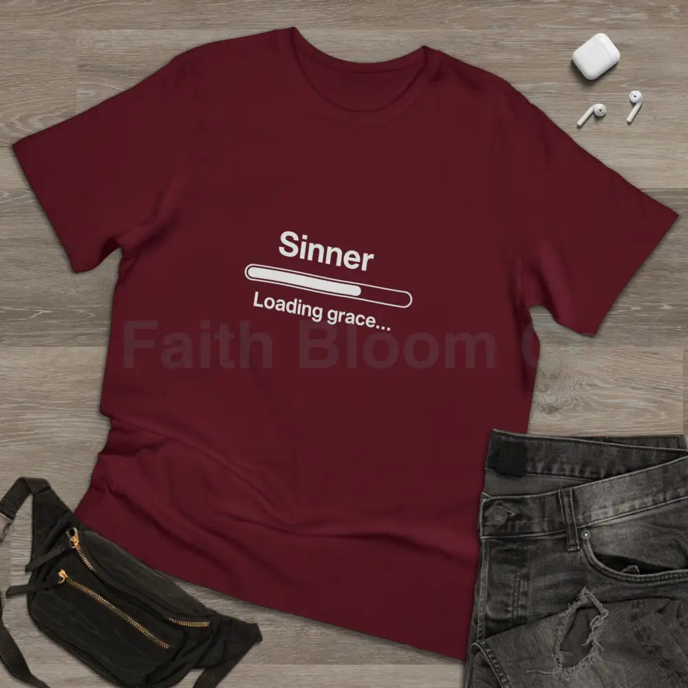 Sinner. Loading Grace… 77% T‑Shirt — Minimalist Catholic Humor Tee T-Shirt